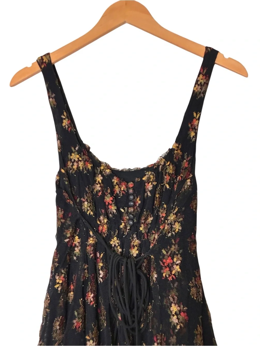 Free People | Black floral scoop neck romantic lace tie waist mini dress small